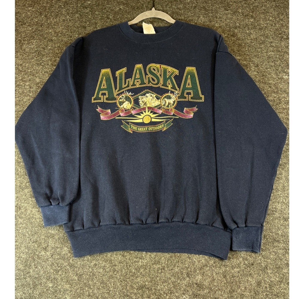 Vintage 90s Alaska The Great Outdoors Wildlife Sweatshirt Navy Blue Large USA